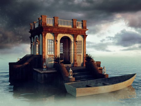 Foto de Capilla de fantasía en un lago con un pequeño bote de madera junto a su escalera. Hecho de elementos 3D y piezas pintadas. No se utiliza IA. - Imagen libre de derechos