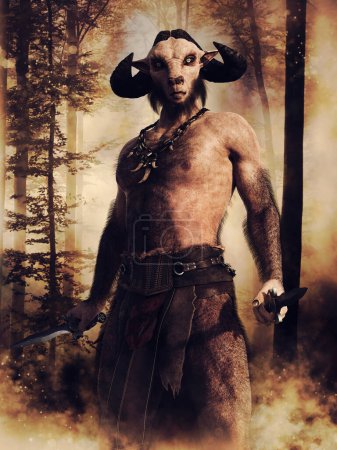 Foto de Escena de fantasía con un mitad hombre mitad cabra, sosteniendo una daga y de pie en un viejo bosque al atardecer. Hecho de elementos 3D y piezas pintadas. No se utiliza IA. - Imagen libre de derechos