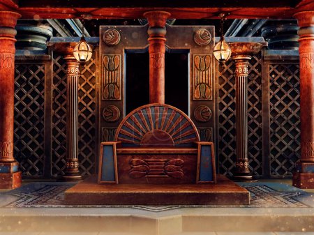 Foto de Sala del trono de fantasía con un sillón de madera ornamentado, lámparas y columnas. Hecho de elementos 3D y piezas pintadas. No se utiliza IA. - Imagen libre de derechos