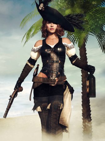 Foto de Chica pirata de fantasía en una isla desierta sosteniendo una pistola y una botella de ron. Hecho con recursos 3d y elementos pintados. No se utiliza IA. - Imagen libre de derechos