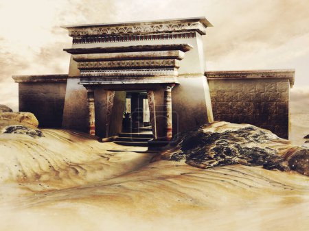 Foto de Antiguo templo egipcio con columnas y plantas verdes en un desierto vacío al atardecer. Hecho con recursos 3d y elementos pintados. No se utiliza IA. - Imagen libre de derechos