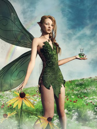 Foto de Hada de primavera sosteniendo una botella con una poción mágica y de pie en un prado de flores verdes. Hecho con recursos 3d y elementos pintados. No se utiliza IA. - Imagen libre de derechos
