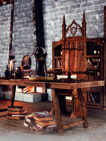 Foto de Mesa y silla de fantasía en el estudio de un mago, con libros mágicos y herramientas alquímicas. Hecho con recursos 3d y elementos pintados. No se utiliza IA. - Imagen libre de derechos