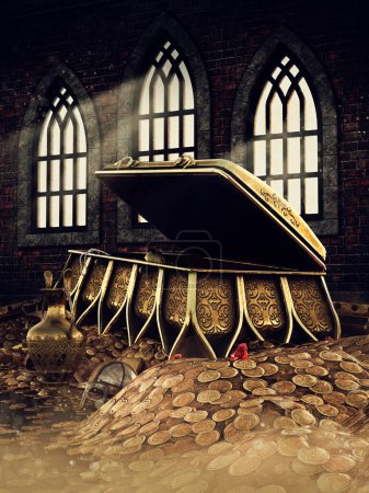 Photo for Fantasy medieval chamber with pirate's treasure including chest of gold, coins, and jewelry. Made with 3d resources and painted elements. No AI used. - Royalty Free Image