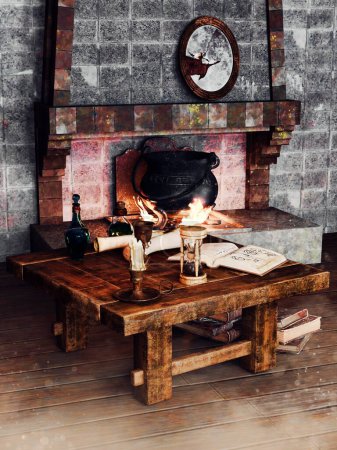 Foto de Sala de fantasía con una mesa de madera con libros y pergamino y una chimenea con un caldero. Hecho con recursos 3d y elementos pintados. No se utiliza IA. - Imagen libre de derechos