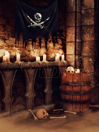 Foto de Escena de fantasía con bandera pirata, cañón de madera, huesos y velas en una habitación medieval. Hecho con recursos 3d y elementos pintados. No se utiliza IA. - Imagen libre de derechos