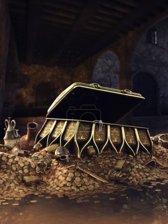 Téléchargez les photos : Fantasy duneon avec un coffre au trésor, des pièces d'or, des armes de valeur et des bijoux. Fabriqué avec des ressources 3D et des éléments peints. Aucune IA utilisée. - en image libre de droit