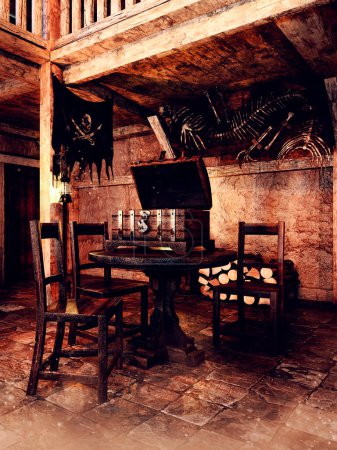 Foto de Sala de fantasía con una mesa de madera y silla en una taberna pirata con banderas de cráneo. Hecho con recursos 3d y elementos pintados. No se utiliza IA. - Imagen libre de derechos