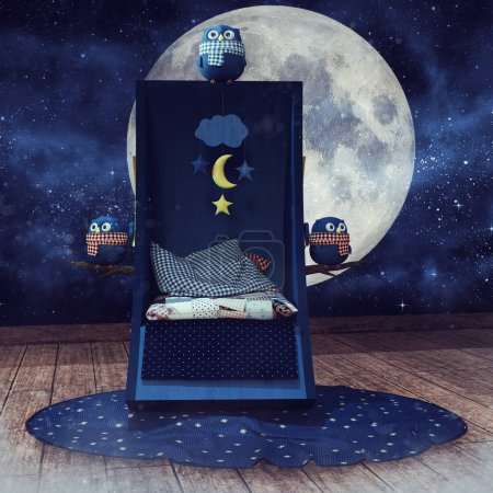 Berceau fantastique avec des jouets en peluche la nuit, avec l'énorme lune en arrière-plan. Fabriqué avec des ressources 3D et des éléments peints. Aucune IA utilisée. 