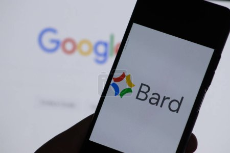 Photo for Warsaw Poland - July 24, 2023: Google Bard logo on mobile device. AI chatbot technology - Royalty Free Image