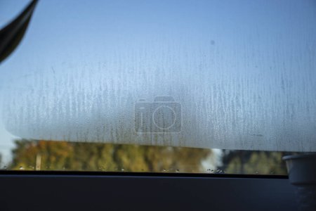 Foto de "Condensado texturizado en ventana de casa con fugas en luz de la mañana." - Imagen libre de derechos