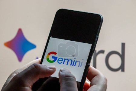 Photo for Warsaw, Poland - February 14, 2024: Gemini AI from Google. Change from Bard to Gemini. Company logo on the smartphone screen. Artificial intelligence - Royalty Free Image