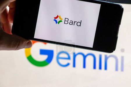 Photo for Warsaw, Poland - February 14, 2024: Gemini AI from Google. Change from Bard to Gemini. Company logo on the smartphone screen. Artificial intelligence - Royalty Free Image