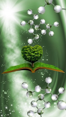 Photo for Image of an open book floating in the air and a tree grown out of the book whose crown has the shape of a heart against the background of stylized DNA chains. 3D-image - Royalty Free Image
