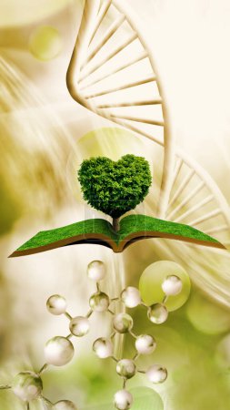 Foto de Image of an open book floating in the air and a tree grown out of the book whose crown has the shape of a heart against the background of stylized DNA chains. 3D-image - Imagen libre de derechos