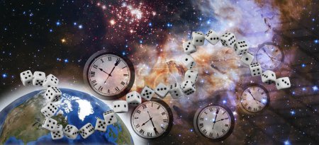 Photo for Dice placed in the form of a continuous chain. Fantastic space landscape. Clocks located one after another fly in space - Royalty Free Image