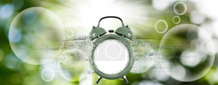 Téléchargez les photos : 3D illustration of a clock from which particles are separated against the background of an abstract image of green balls - en image libre de droit