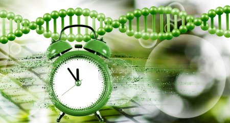 Téléchargez les photos : Image d'une horloge dont les particules sont séparées sur fond de chaînes d'ADN volantes. - en image libre de droit