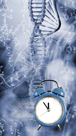 Téléchargez les photos : Image d'une horloge dont les particules sont séparées sur fond de chaînes d'ADN volantes. - en image libre de droit
