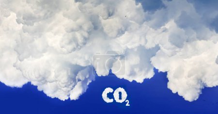 An image of a large white cloud and an inscription against a blue sky indicating carbon dioxide and having the structure of a cloud and looking like a cloud