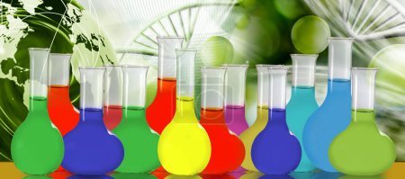 Photo for Image of a row of flasks filled with various contents painted in different colors against the background of abstract stylized DNA chains - Royalty Free Image