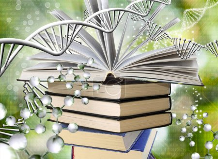 Photo for An image of a stack of books and on it an open book surrounded by stylized figures of DNA chains - Royalty Free Image