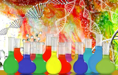 Photo for Image of a row of flasks filled with various contents painted in different colors against the background of abstract stylized DNA chains - Royalty Free Image