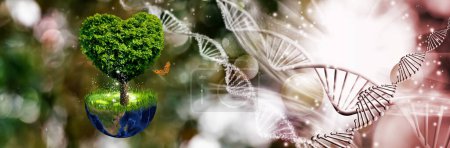Téléchargez les photos : Une image abstraite d'un arbre avec une couronne en forme de cœur croissant sur un hémisphère stylisé de la Terre avec de l'herbe et un papillon volant dans un espace chaotiquement rempli de chaînes d'ADN - en image libre de droit