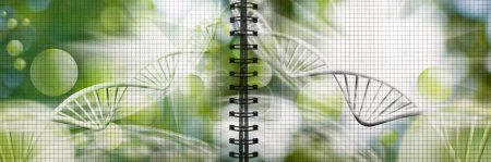 Photo for Image of stylized DNA chains on a green blurred background, made in a notebook on checkered sheets - Royalty Free Image