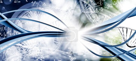 Photo for Abstract image of smooth, wavy lines on a blue blurred background with stylized DNA chains, a large clock face and chaotically arranged mathematical formulas - Royalty Free Image