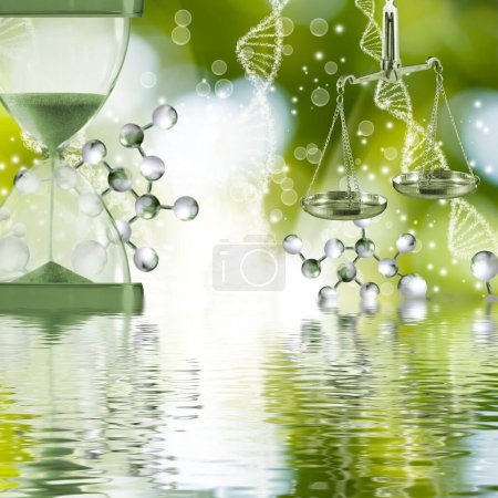 Photo for Abstract image of an hourglass and scales against the background of stylized DNA chains of a blurred green space with flying abstract balls and reflection on the water surface. - Royalty Free Image