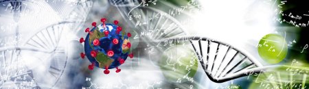 Abstraktes 3D-Bild des coviden Virus vor dem Hintergrund stilisierter DNA-Spiralen