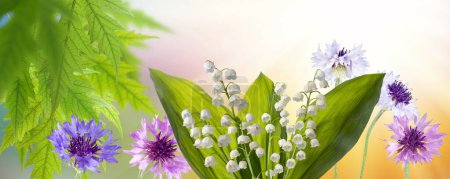 Image of beautiful white lily of the valley flowers. Spring bouquet of lilies of the valley