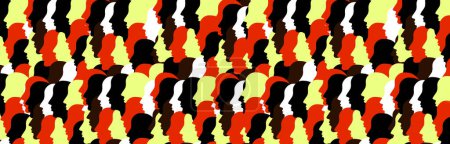 Abstract image of many profiles of people superimposed on one another and lined up in several rows 