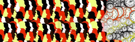 Abstract image of many profiles of people superimposed on one another and lined up in several rows and a profile of a person formed from watch dials of different sizes