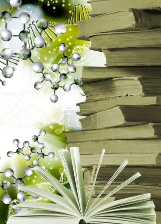 Image d'un livre ouvert sur fond de pile de livres et de modèles d'ADN stylisés