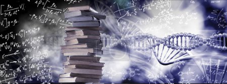 Image of a stack of books against a background of stylized DNA models and mathematical formulas