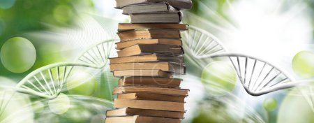 Image of a stack of books, stylized DNA models on a green blurred background