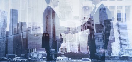 Photo for Business people shaking hands banner double exposure, cooperation concept, handshake - Royalty Free Image