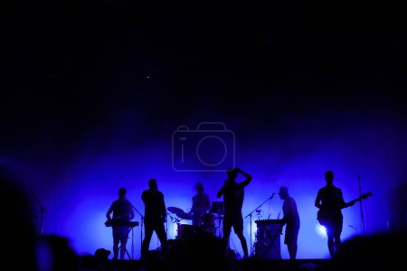 Foto de Banda de música tocando en el escenario de concierto, siluetas de músicos irreconocibles, grupo de personas cantando juntas en el festival de rock - Imagen libre de derechos