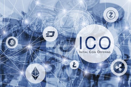 Concept ICO, offre initiale de pièces, monnaie numérique crypto monnaie Bitcoin, litecoin, éthérée, tableau de bord, ondulation