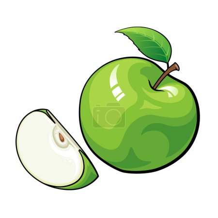 Téléchargez les photos : Pomme verte, dessin animé de fruits, Pomme avec isolat de feuille sur fond blanc, EPS10 - en image libre de droit