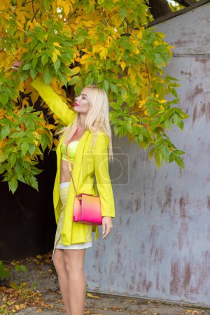 Téléchargez les photos : Portrait d'automne d'une belle jeune femme blonde aux cheveux longs portant une longue veste jaune, un haut et une jupe courte. Avec un petit sac rose vif et jaune. Près d'un arbre aux feuilles d'automne - en image libre de droit