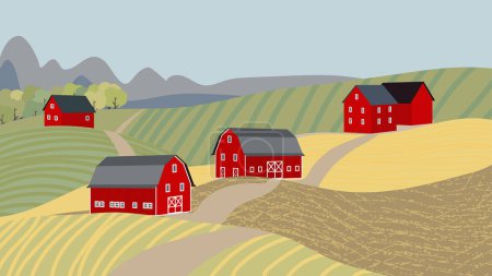Ilustración de Una vista de los campos sembrados. Una granja en medio de un campo - Imagen libre de derechos