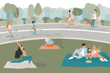 Morgen im Park. Radfahrer fahren im Park vor dem Hintergrund der Stadt. Frauen machen Yoga. Die Familie frühstückt