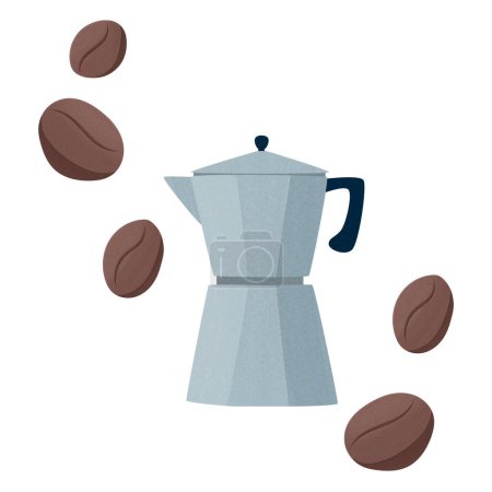 Illustration for Geiser coffee maker. Italian coffee maker in cartoon style. Coffee beans. Vector illustration. Menu for cafes and restaurants. - Royalty Free Image