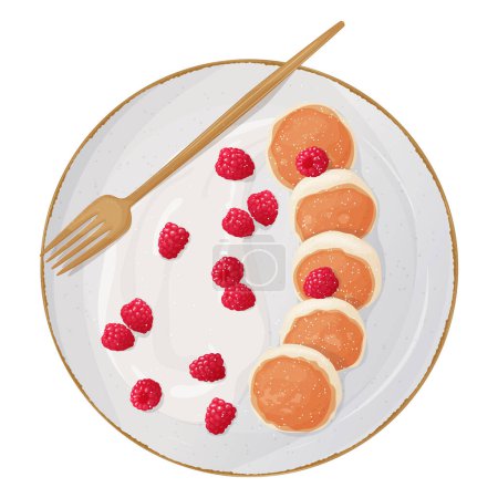 Cottage pancakes or cheesecakes or souffle pancakes are served on a plate with fresh raspberries and sour cream. Food for breakfast. Flat vector