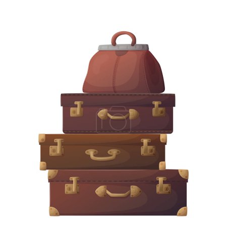 Old retro vintage suitcases bags pile for travel. Vector illustration. Retro cases. Vintage boxes. Travel suitcase boxes with luggage for vacations. Suitcases pile.