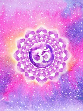 Sahasrara Krone Chakra violett lila oder weiße Farbe Logo Symbol Symbol Reiki Geist spirituelle Gesundheit Heilung ganzheitliche Energie Lotus Mandala Aquarell Malerei Kunst Illustration Design Universum Hintergrund