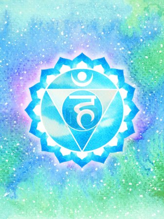 Vishuddha Garganta Chakra cielo azul color logotipo símbolo icono reiki mente salud espiritual curación energía holística loto mandala acuarela pintura arte ilustración diseño universo fondo